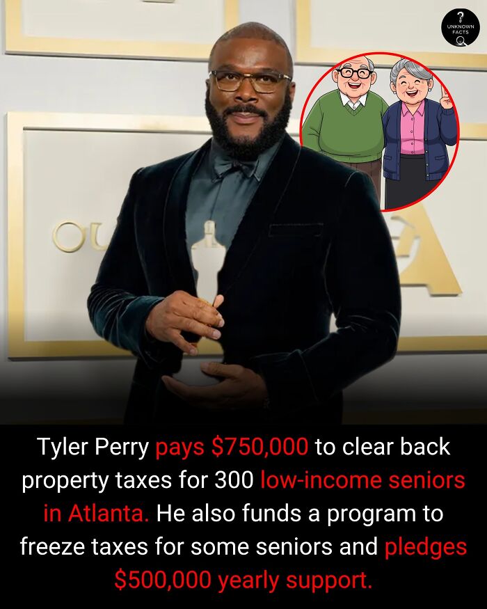 Tyler Perry, holding an award, with cartoon seniors. A surprisingly interesting fact about his philanthropy for seniors.