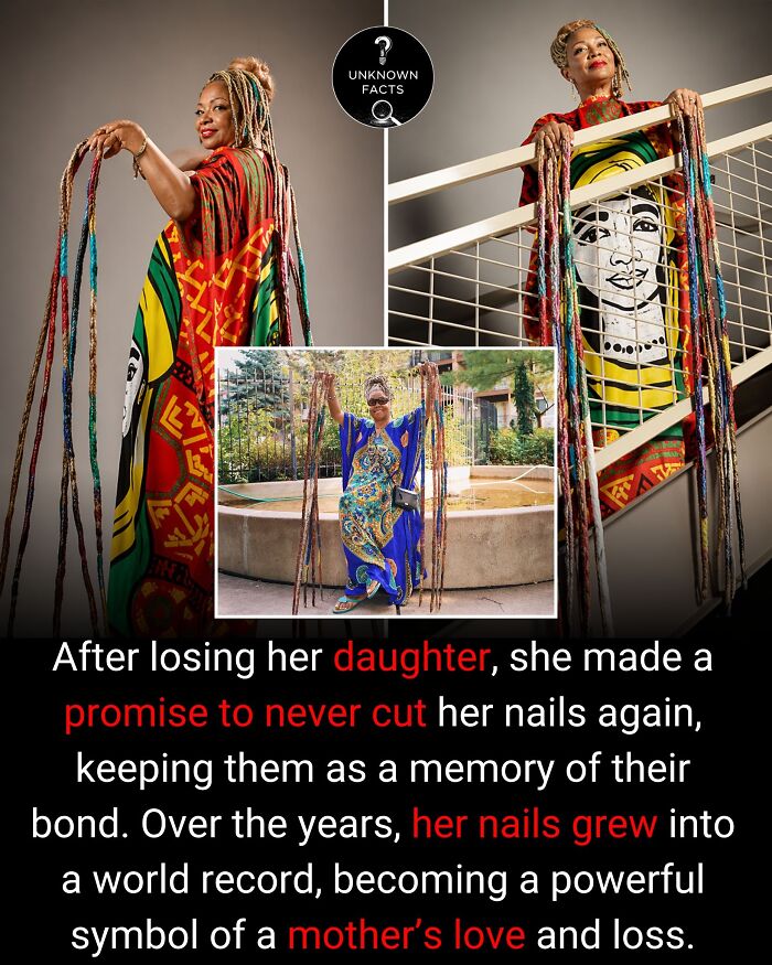 A woman with incredibly long, decorated fingernails, which are interesting facts, as a tribute to her daughter.
