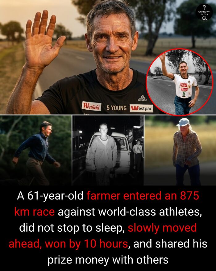A smiling farmer waves, with images from his extraordinary 875 km race. Find more interesting facts.