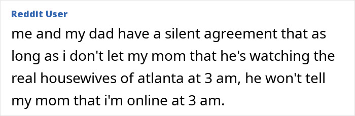 Reddit post showing a dad and child keeping secrets from mom about late-night TV and online activity.
