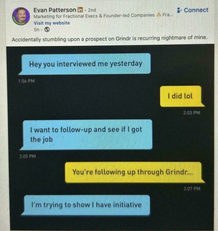 A screenshot of a Grindr conversation where a job applicant follows up on an interview, illustrating recruiting hell.