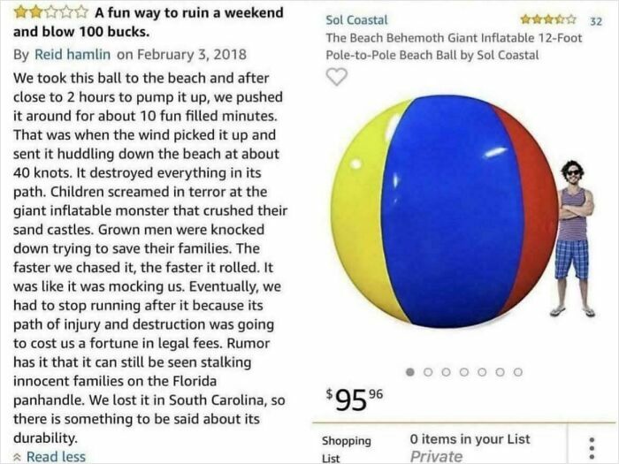 Screenshot of a hilarious Amazon review for a durable giant inflatable beach ball with 5-star ratings.