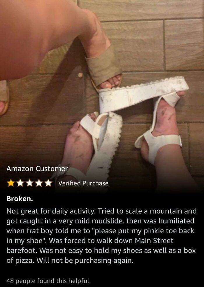 Photo showing worn sandals and feet with mud stains, illustrating a funny Amazon review about product durability and daily activity.