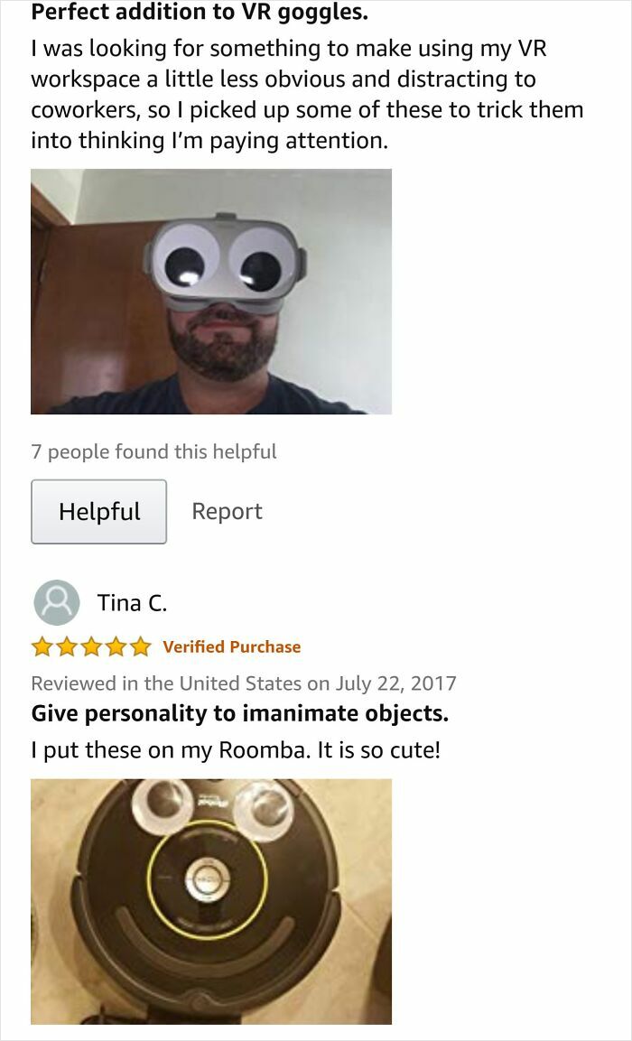 Man wearing VR goggles with googly eyes and Roomba vacuum with googly eyes, part of hilarious Amazon reviews.