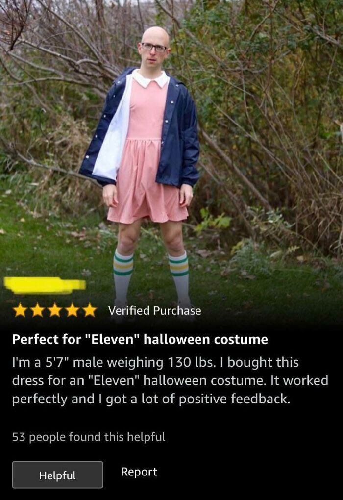 Man in Eleven Halloween costume standing outdoors, related to hilarious Amazon reviews of long-lasting eyeliner products.