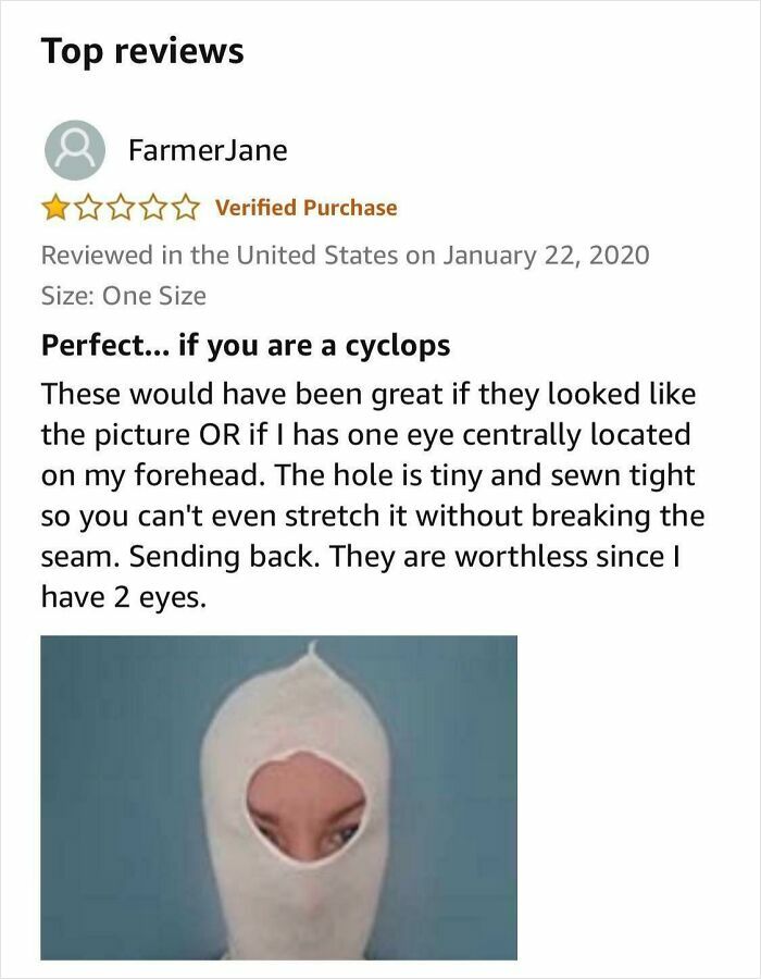 Funny Amazon review of a product with a tiny hole, meant for one eye, shown worn by a person in a white mask.