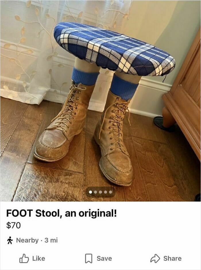 Footstool made from vintage boots and blue plaid cushion, one of the most bizarre things online listings for sale.