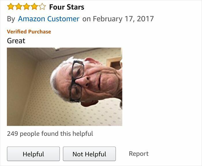 Older man wearing glasses gives a four-star Amazon review with a verified purchase for eyeliner that won’t run.