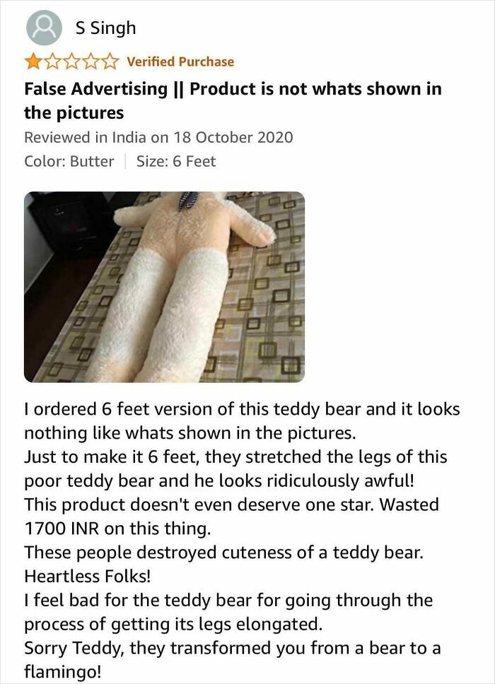 Amazon review showing a stretched 6 feet teddy bear with a complaint about false advertising and poor product quality.
