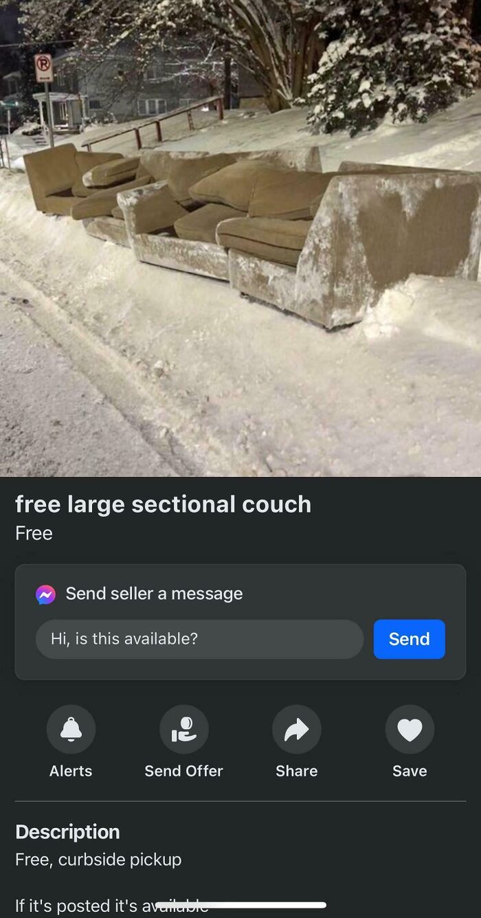 Large sectional couch covered in snow left on snowy roadside for free curbside pickup bizarre online listing.