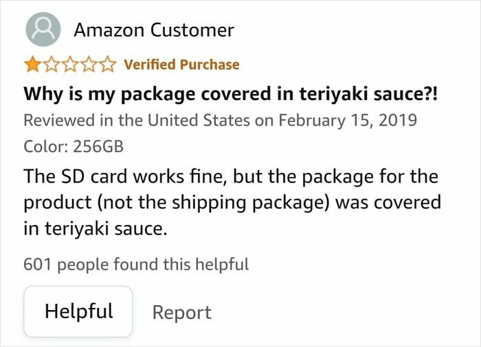 Amazon customer review showing a one-star rating and complaint about package covered in teriyaki sauce.