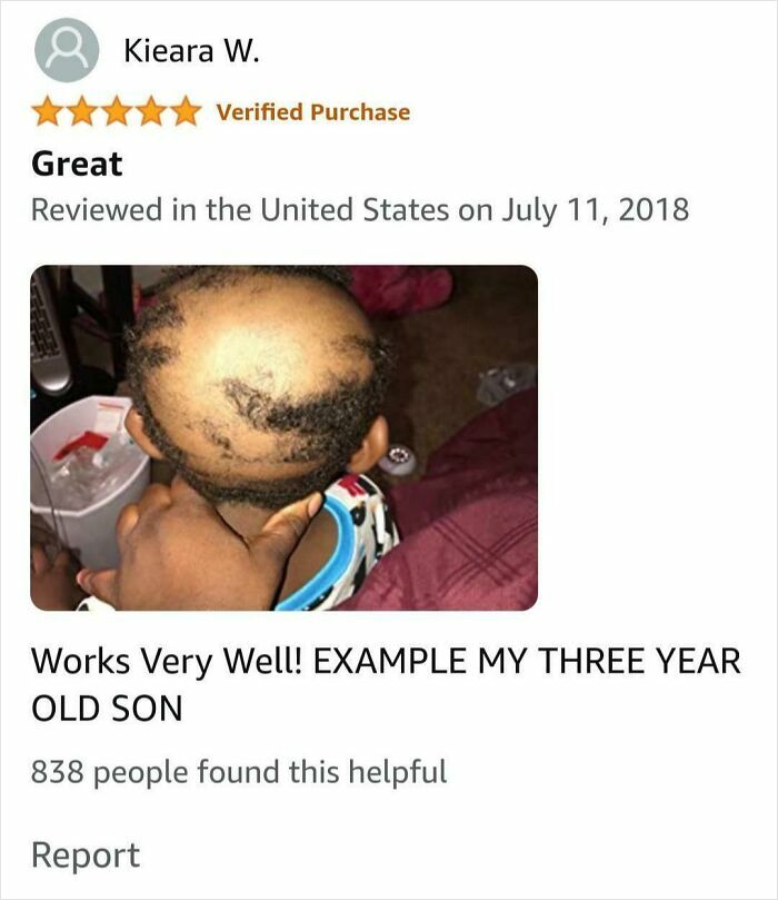 Amazon review with a five-star rating showing a toddler's unique hairstyle, highlighting hilarious product feedback.