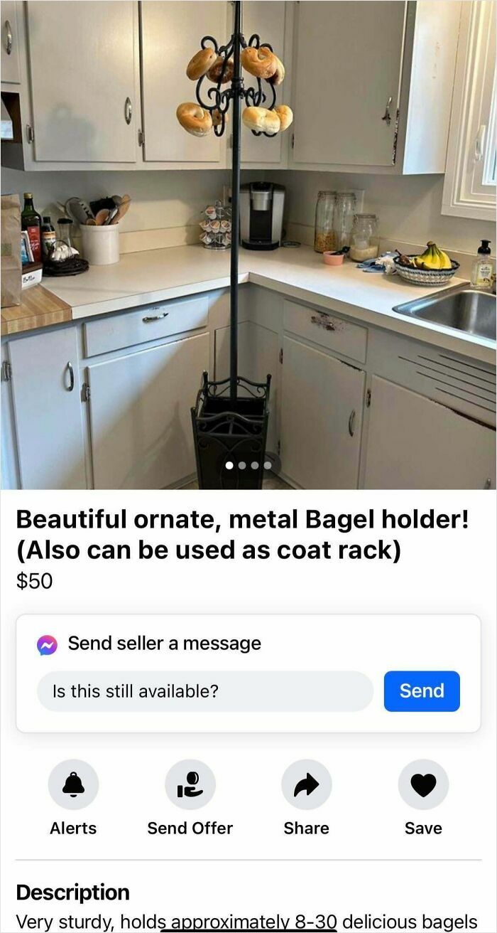 Ornate metal bagel holder in kitchen listing, an example of bizarre things people are selling online.
