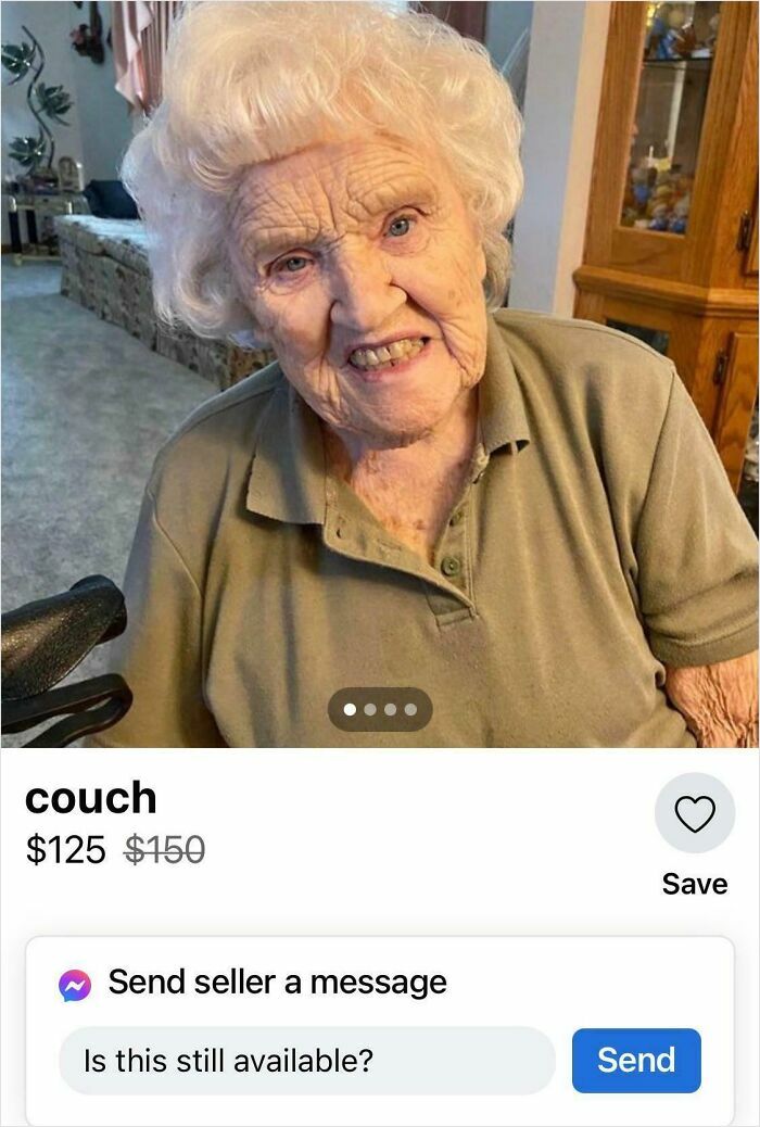Elderly woman advertising a couch in a bizarre online listing from wild things people are selling.