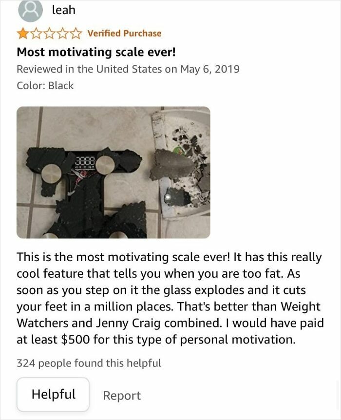 Amazon review showing a broken scale humorously described as motivating, featured in hilarious Amazon reviews that deserve 5 stars.