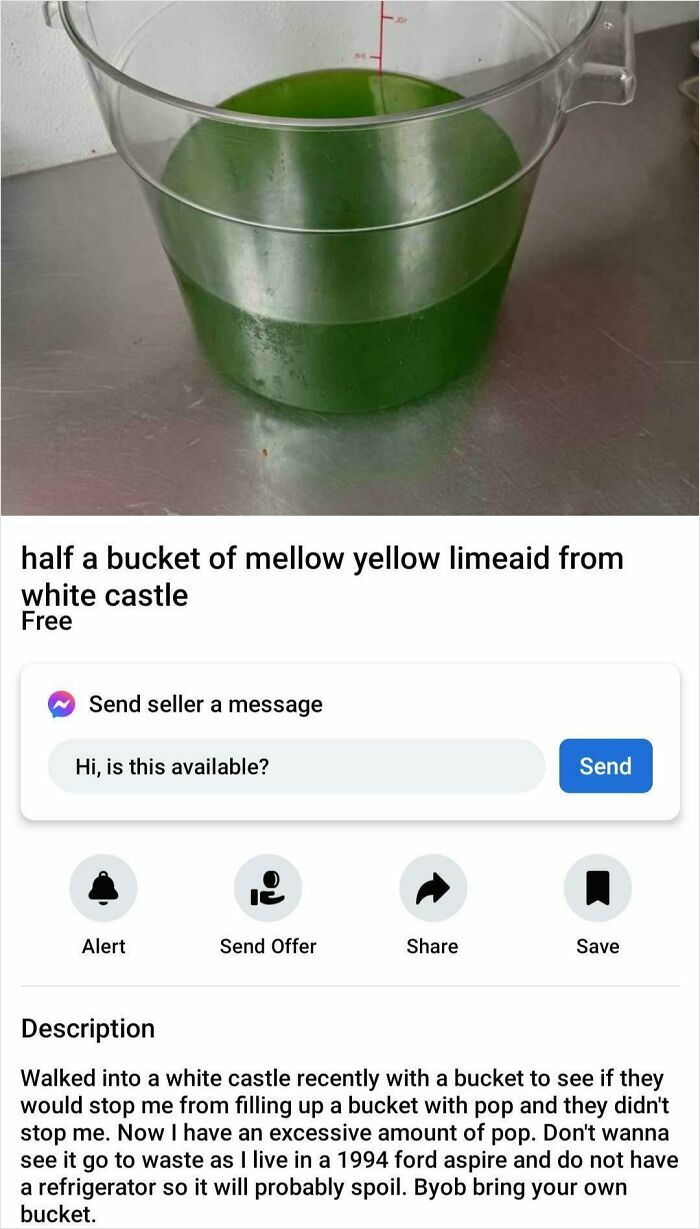 Half bucket of mellow yellow limeaid from White Castle, one of the most bizarre things people are selling online.