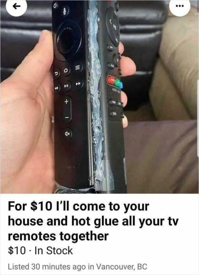 Hand holding two TV remotes glued together with hot glue, showing bizarre things people are selling online.