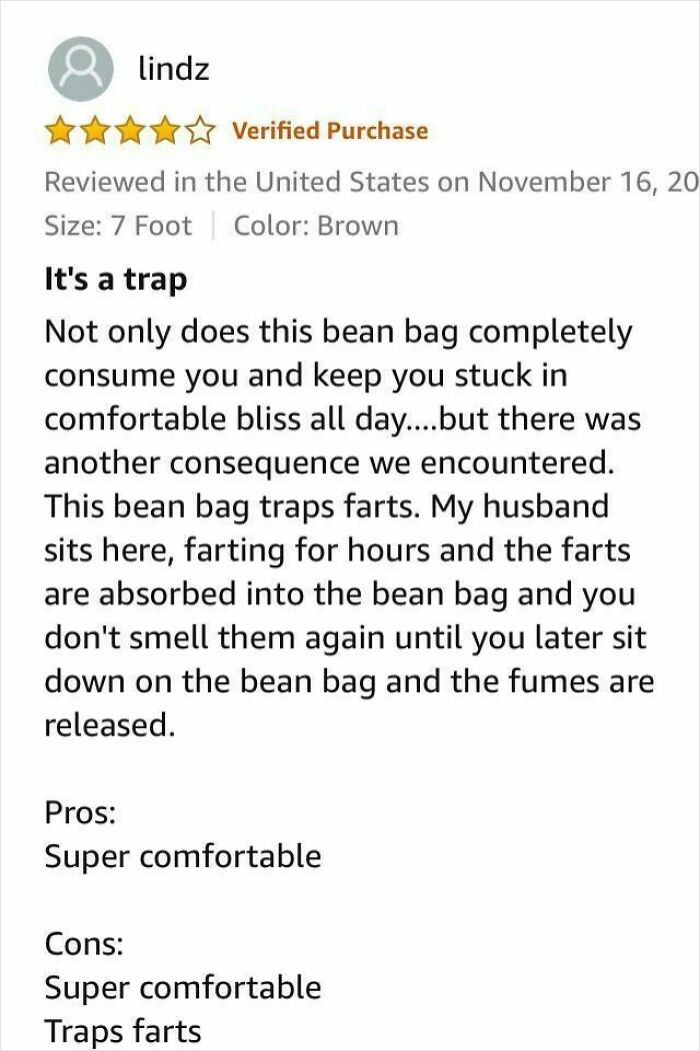 Review of a super comfortable bean bag that traps farts, shared in hilarious Amazon reviews that deserve five stars.