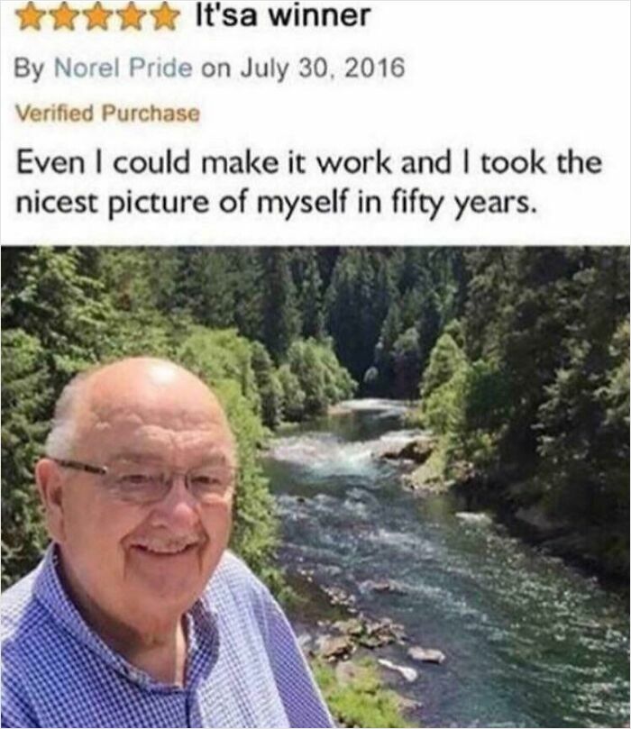 Five-star Amazon review praising eyeliner product with a smiling man taking a selfie by a river in nature.