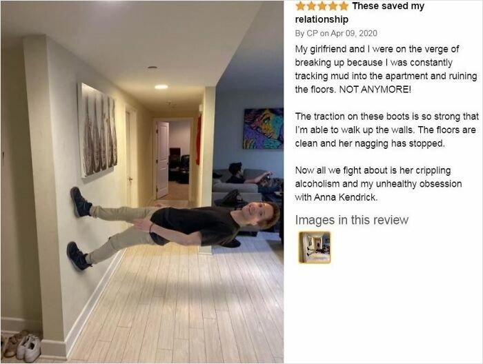 Man leaning horizontally against a wall showing strong traction, illustrating a hilarious Amazon review concept.