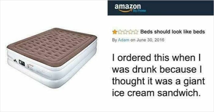 Amazon review meme showing an inflatable bed mistaken for an ice cream sandwich with a one-star rating.