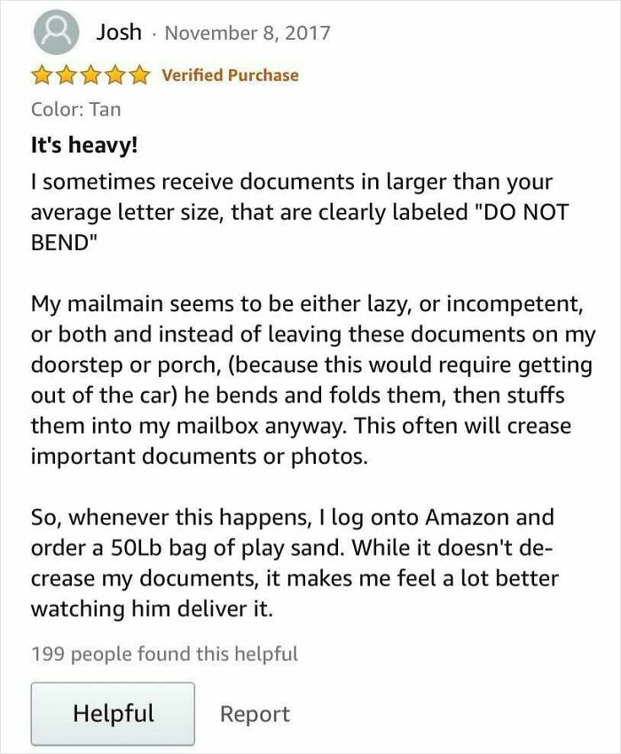 Amazon review screenshot showing a humorous five-star comment about a heavy product and delivery experience.