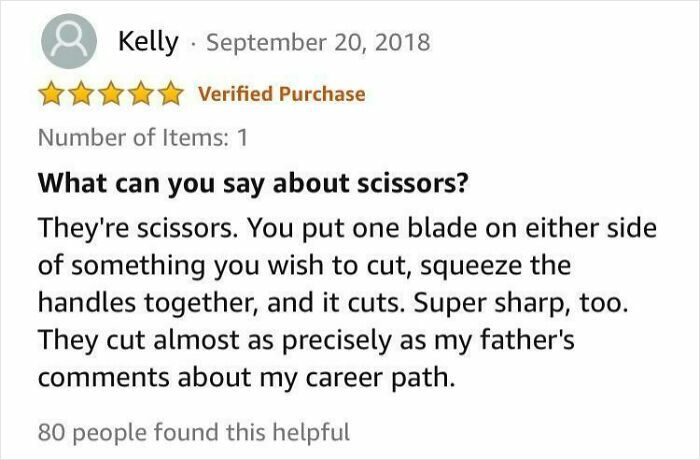 Amazon customer review of scissors praising sharpness and precision in a humorous verified purchase comment.