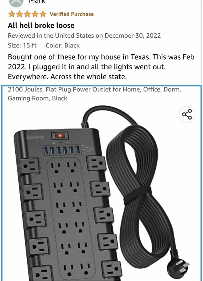 Power outlet surge protector with multiple plugs and USB ports, shown with a review about surprising electrical shutdown.