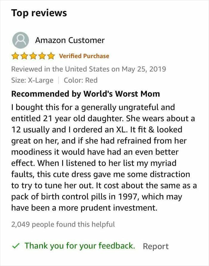 Amazon customer five-star review with humorous recommendation for a red XL dress by World's Worst Mom.