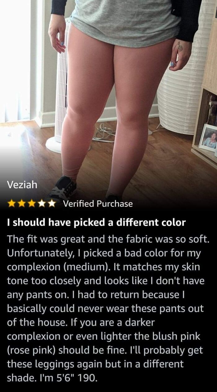 Person wearing blush pink leggings indoors with a review mentioning soft fabric and color fit issues, related to Amazon reviews.