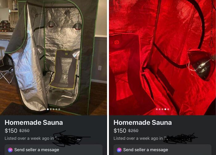 Homemade sauna setup with reflective interior and heat lamps, featured in bizarre things people are selling online listings.