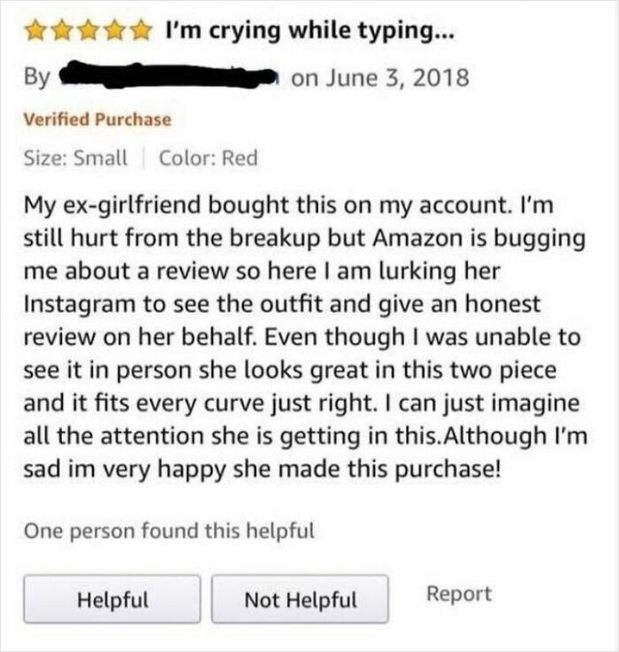 Five-star Amazon review screenshot with a humorous and emotional comment about a product and breakup experience.
