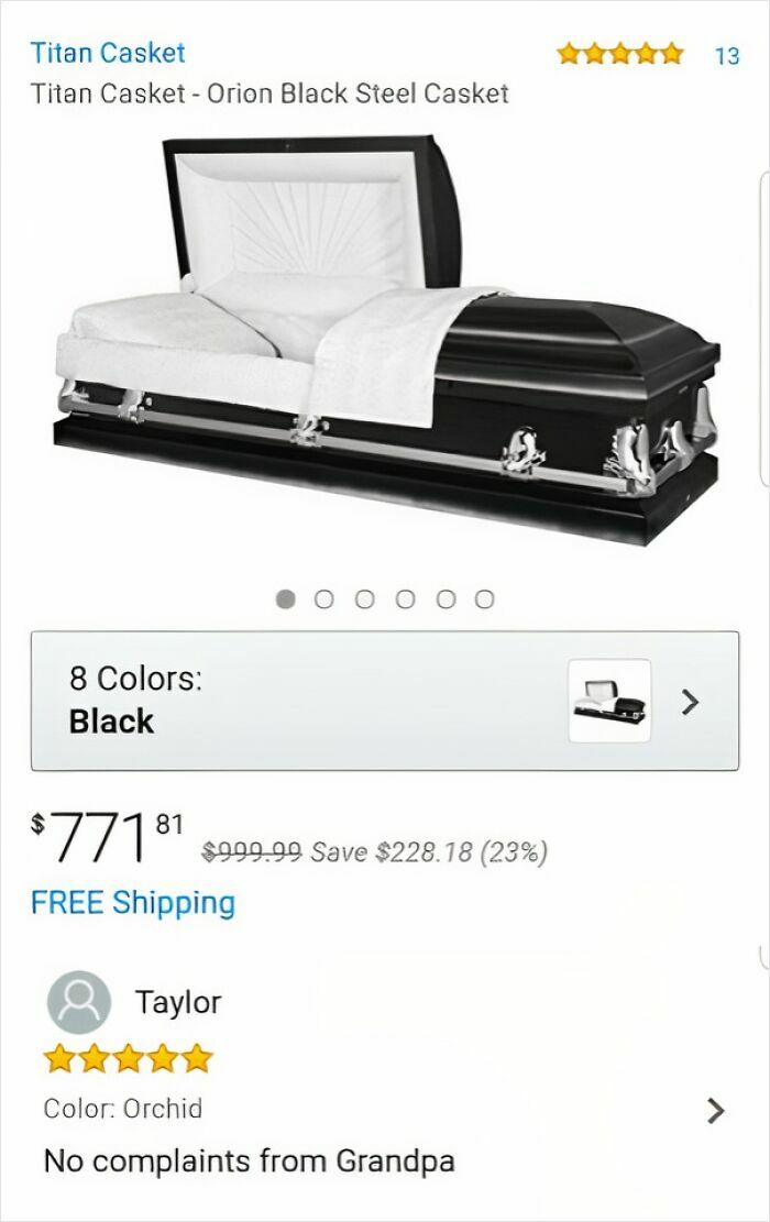 Black steel casket with white interior and silver handles shown in an Amazon product listing with customer review.