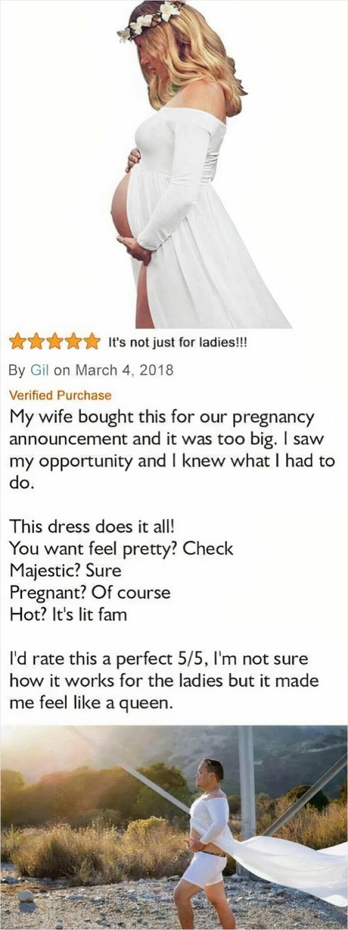 Pregnant woman in white dress and man wearing dress for funny pregnancy announcement Amazon review.
