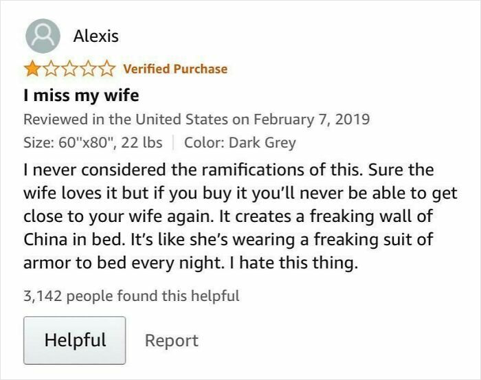 Amazon review screenshot of a 1-star purchase with a humorous complaint about relationship impact, from user Alexis.