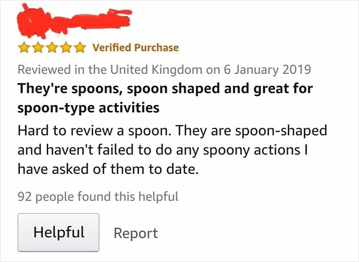 Amazon review showing a humorous comment on spoon-shaped spoons, featured in eyeliner funny reviews article.