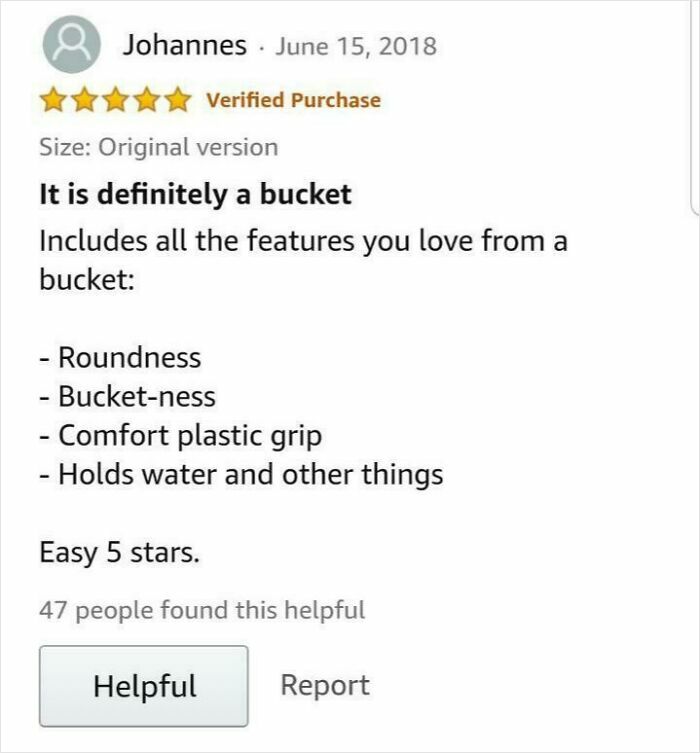 Amazon review screenshot showing a humorous 5-star rating for a bucket with features and comfort grip.