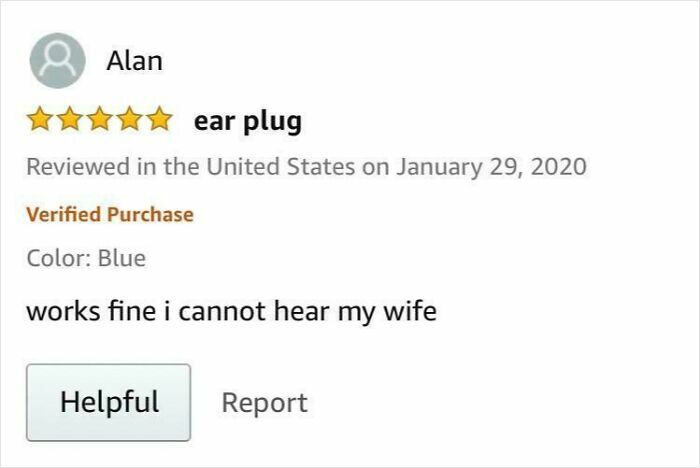 Amazon review of an ear plug with five stars, praising its effectiveness and humor in blocking sound.