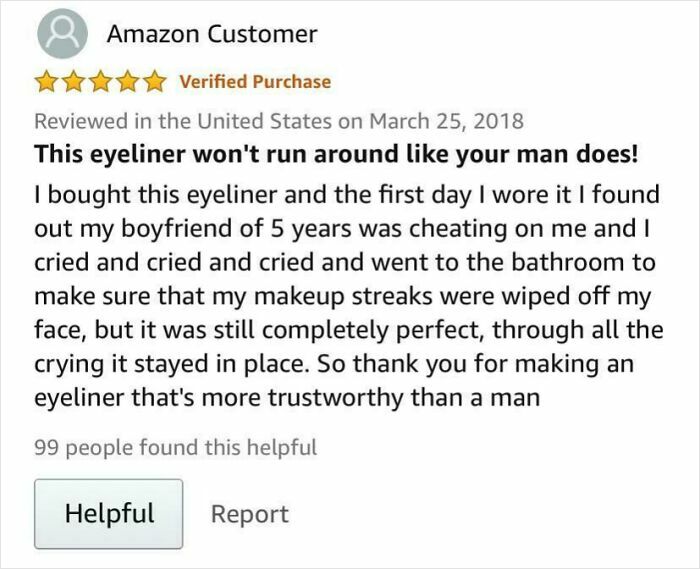 Amazon customer review praising long-lasting eyeliner that stays perfect despite tears and emotional stress.