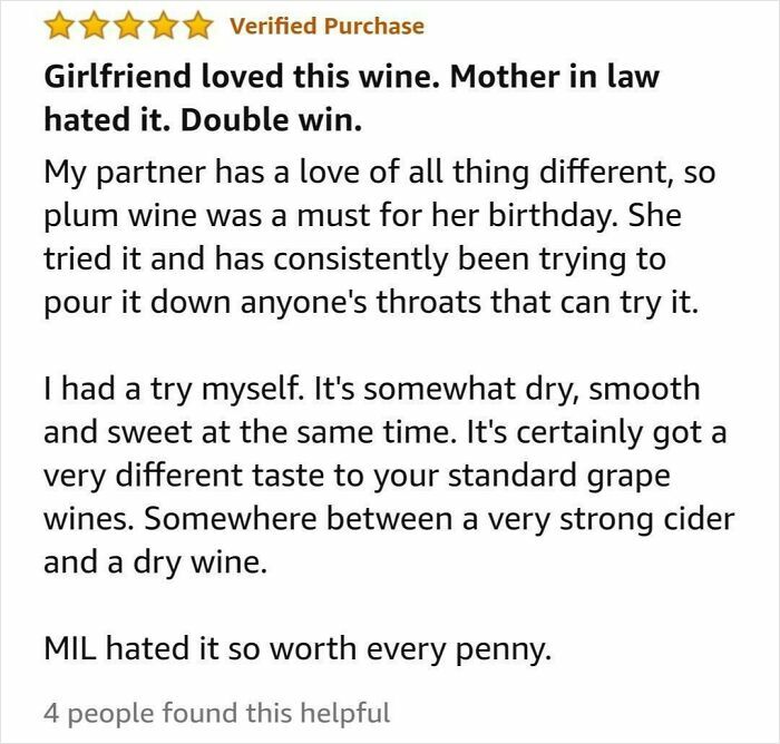 Five-star verified Amazon review praising a unique plum wine with dry, smooth, and sweet flavors, worth every penny.
