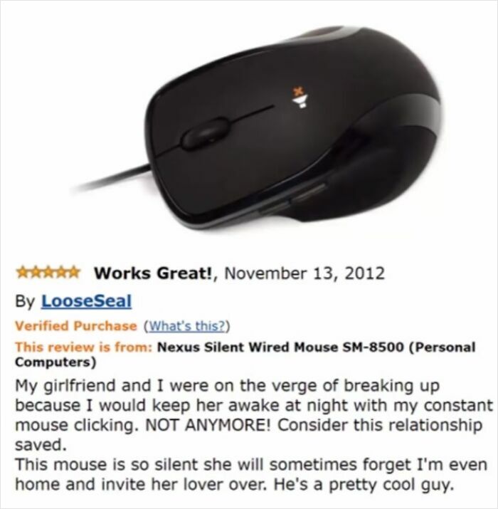 Hilarious Amazon review about a silent eyeliner that won’t run, praised for humor and 5-star rating.