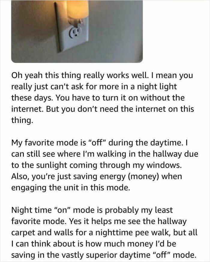Text review of a night light discussing energy saving and usability, featured in hilarious Amazon reviews.