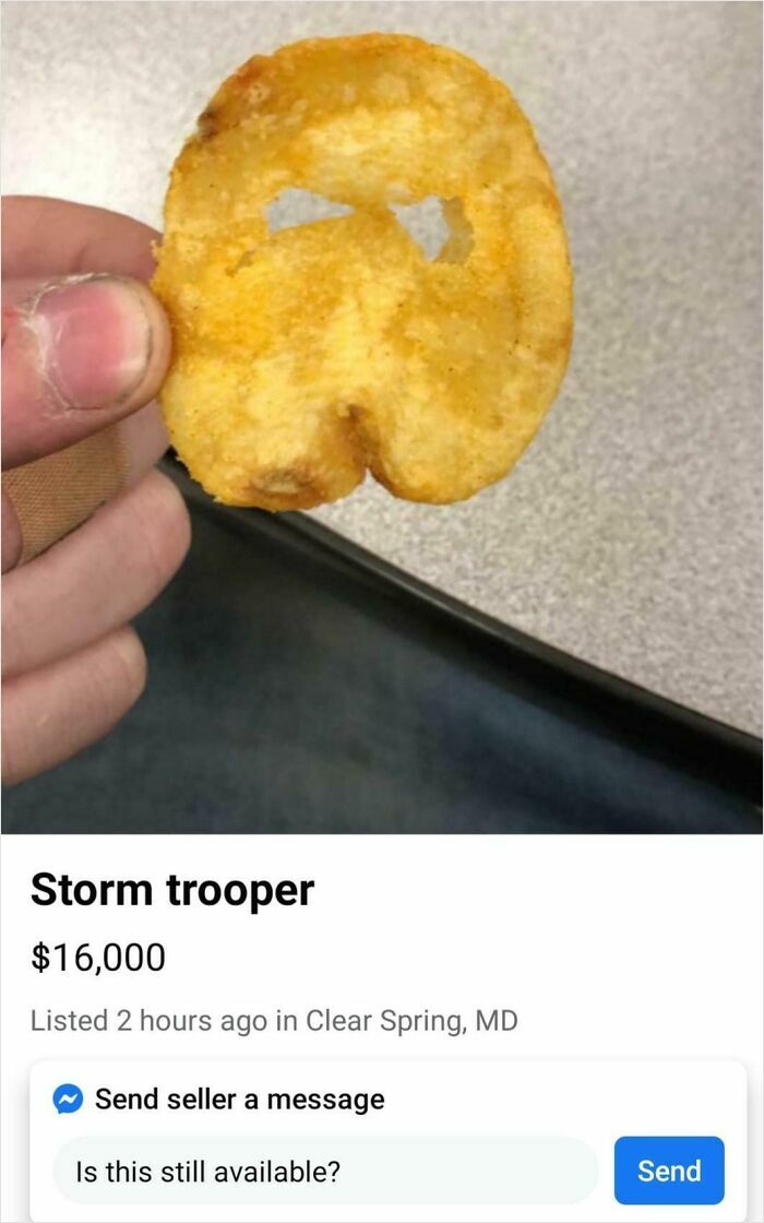 Hand holding a potato chip shaped like a storm trooper helmet in a bizarre online listing.