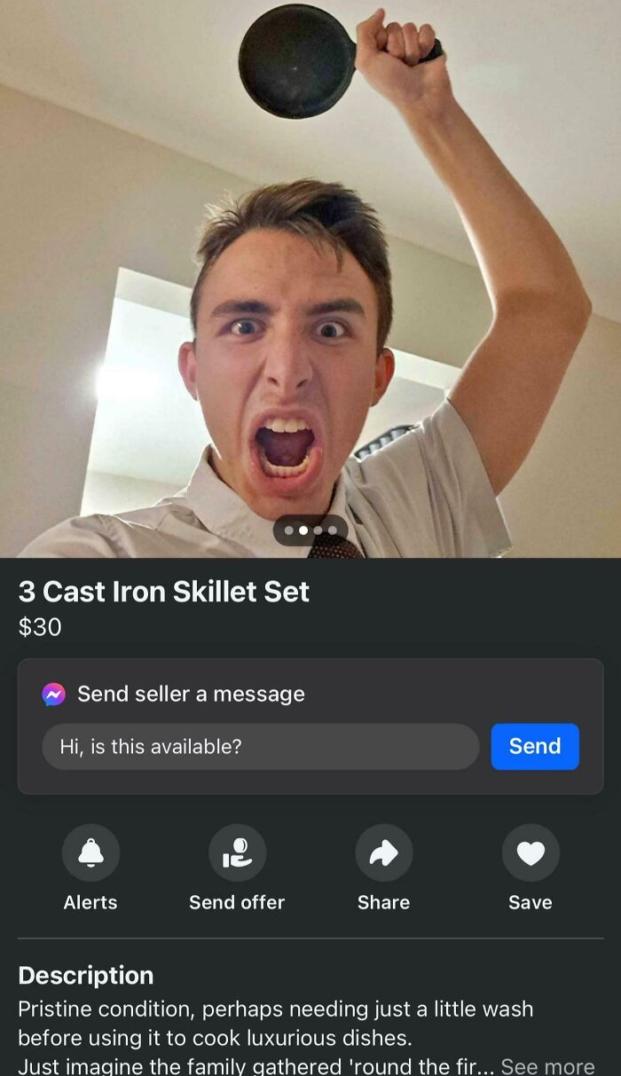 Young man holding a cast iron skillet online listing showcasing bizarre things people are selling with wild expressions