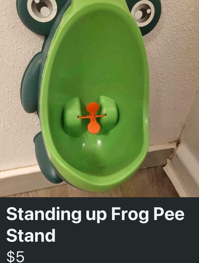 Green standing frog pee stand with an orange spinner, listed as a bizarre thing people are selling online.