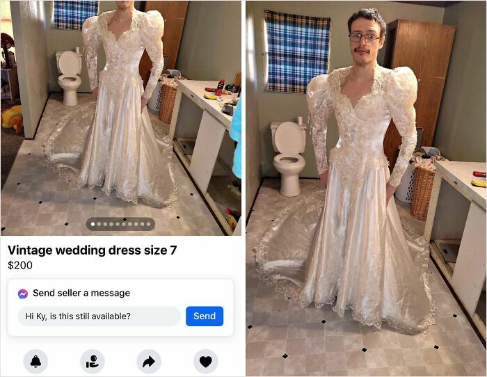 Person wearing a vintage wedding dress for sale among bizarre online listings showing unusual items being sold.