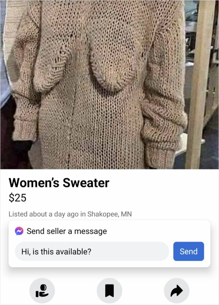 Chunky knit women's sweater with unusual breast-shaped protrusions listed among bizarre things for sale online.