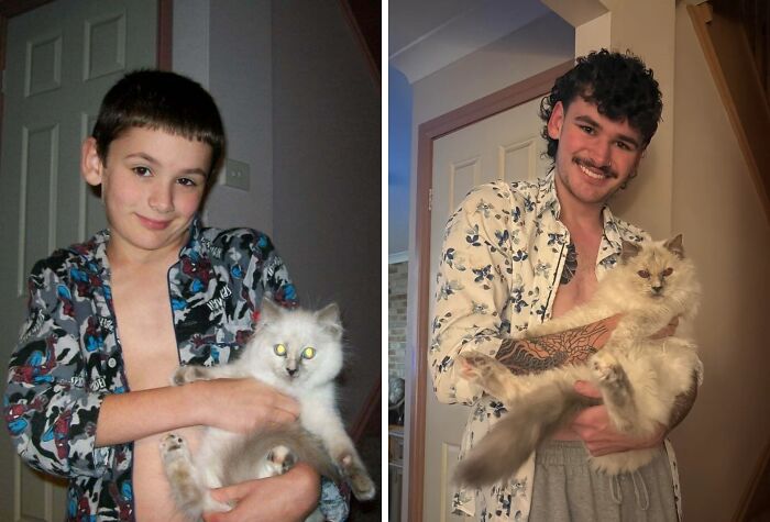 A boy and a man, years apart, holding the same cat. A precious photo of a pet grown up alongside its owner.
