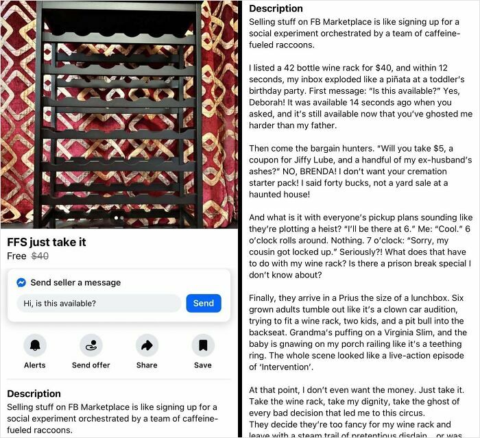 Wine rack listed for free on FB Marketplace with quirky buyer messages and chaotic pick-up stories in bizarre online sales.
