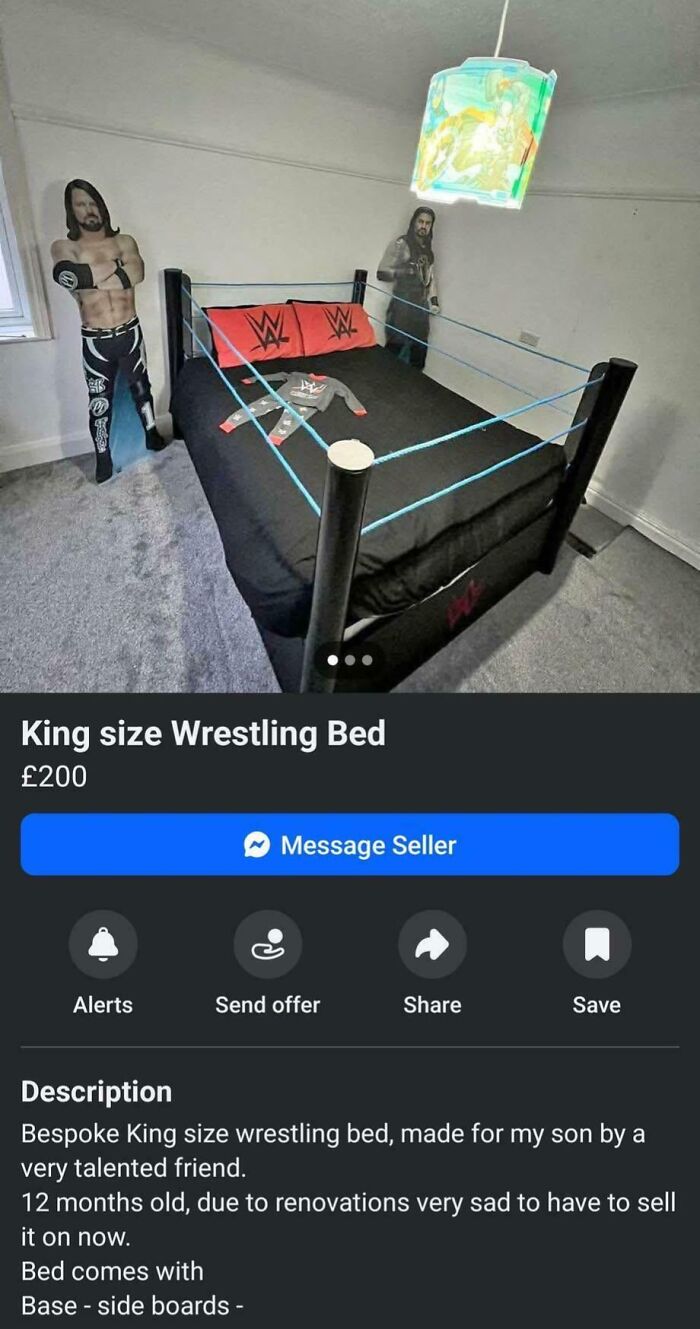 King size wrestling bed with WWE-themed pillows and ropes, featuring wrestling cutouts, listed among bizarre things online.